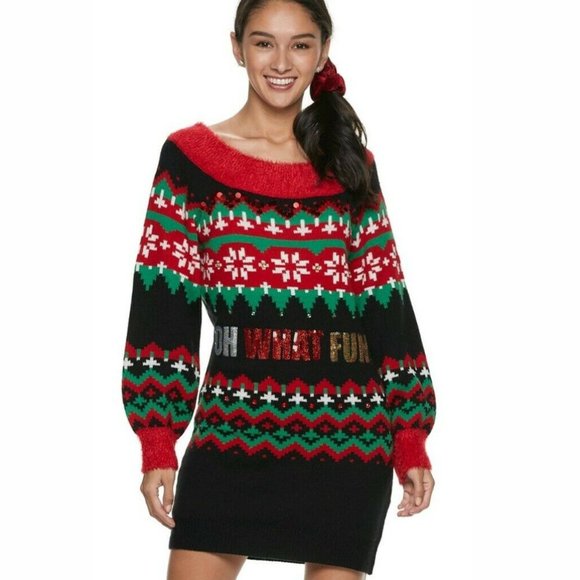 It's Our Time NWT Oh What Fun Sequin Ugly Christmas Sweater Dress XS - Picture 1 of 2